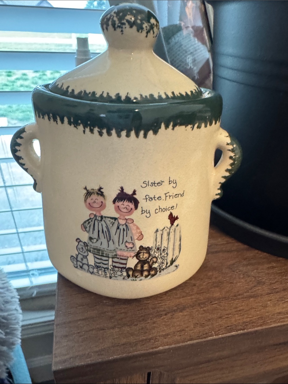 Cream Ceramic Candle Jar with candle  with Green Trim and Sister Illustration